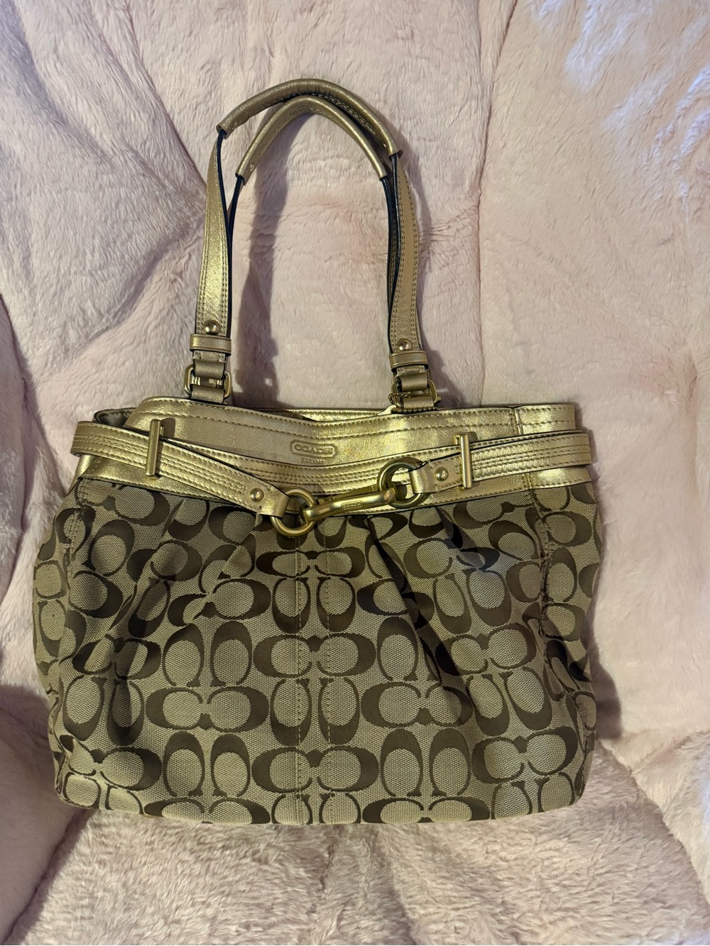 Coach Brown Signature Jacquard Shoulder Bag with Gold Trim